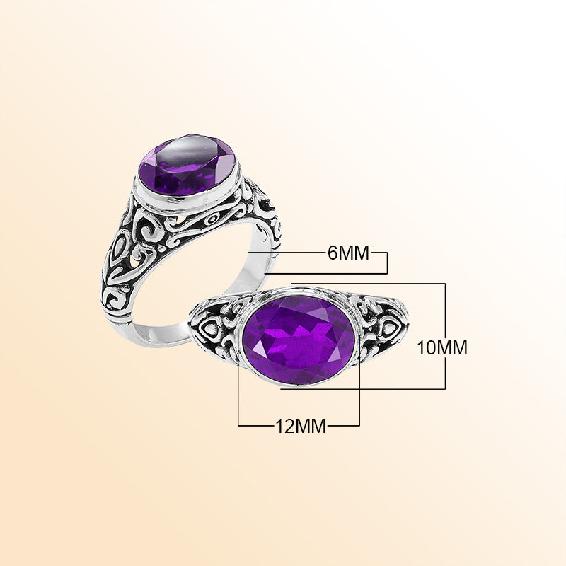 Sterling Silver beautiful ring with Amethyst Quartz handcrafted in Bali, Indonesia with ornate artisan design