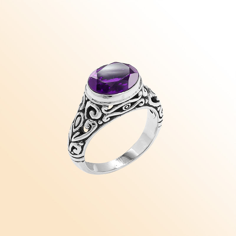 Sterling Silver beautiful ring with Amethyst Quartz handcrafted in Bali, Indonesia with ornate artisan design