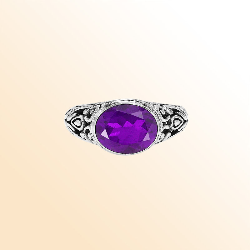 Sterling Silver beautiful ring with Amethyst Quartz handcrafted in Bali, Indonesia with ornate artisan design