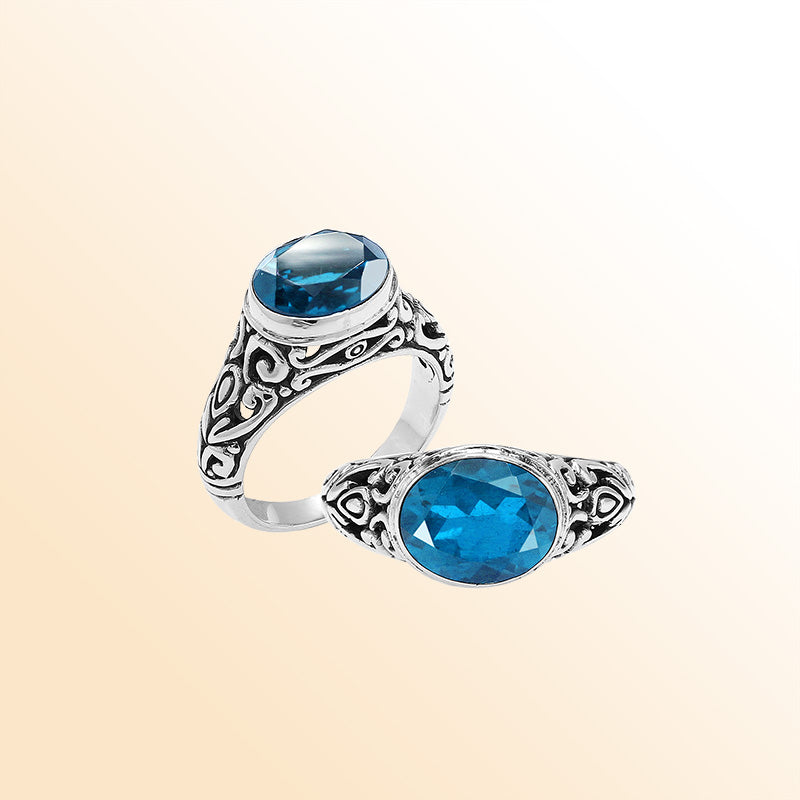 Sterling Silver beautiful ring with Blue Topaz Quartz handcrafted in Bali, Indonesia with ornate artisan design