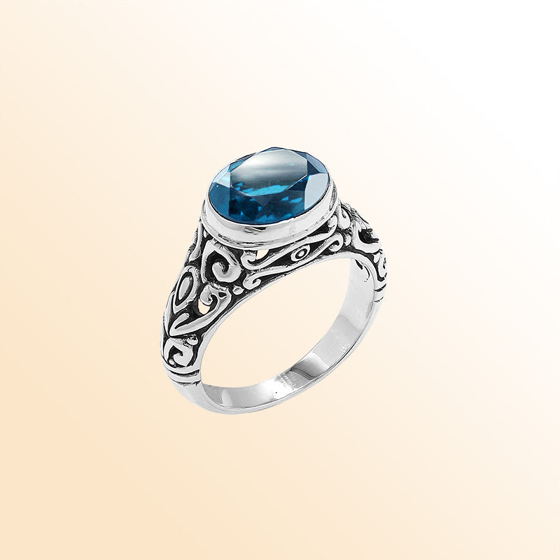 Sterling Silver beautiful ring with Blue Topaz Quartz handcrafted in Bali, Indonesia with ornate artisan design