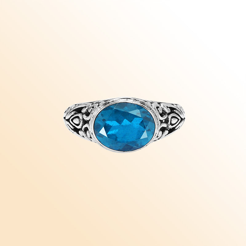 Sterling Silver beautiful ring with Blue Topaz Quartz handcrafted in Bali, Indonesia with ornate artisan design