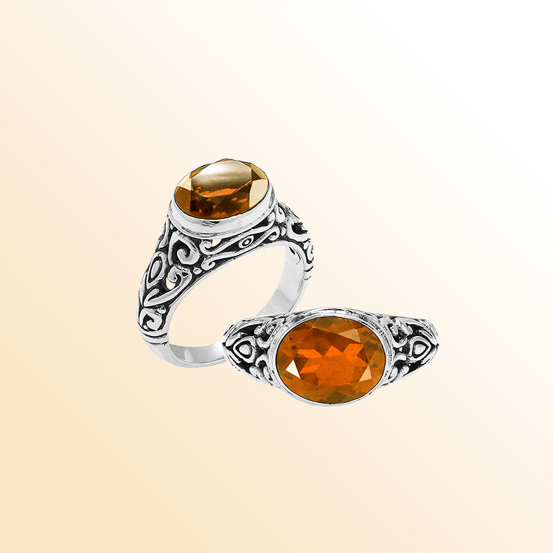 Sterling Silver beautiful ring with Citrine Quartz handcrafted in Bali, Indonesia with ornate silver detailing