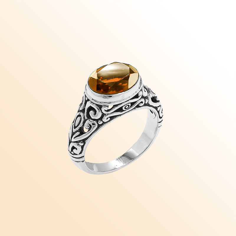 Sterling Silver beautiful ring with Citrine Quartz handcrafted in Bali, Indonesia with ornate silver detailing