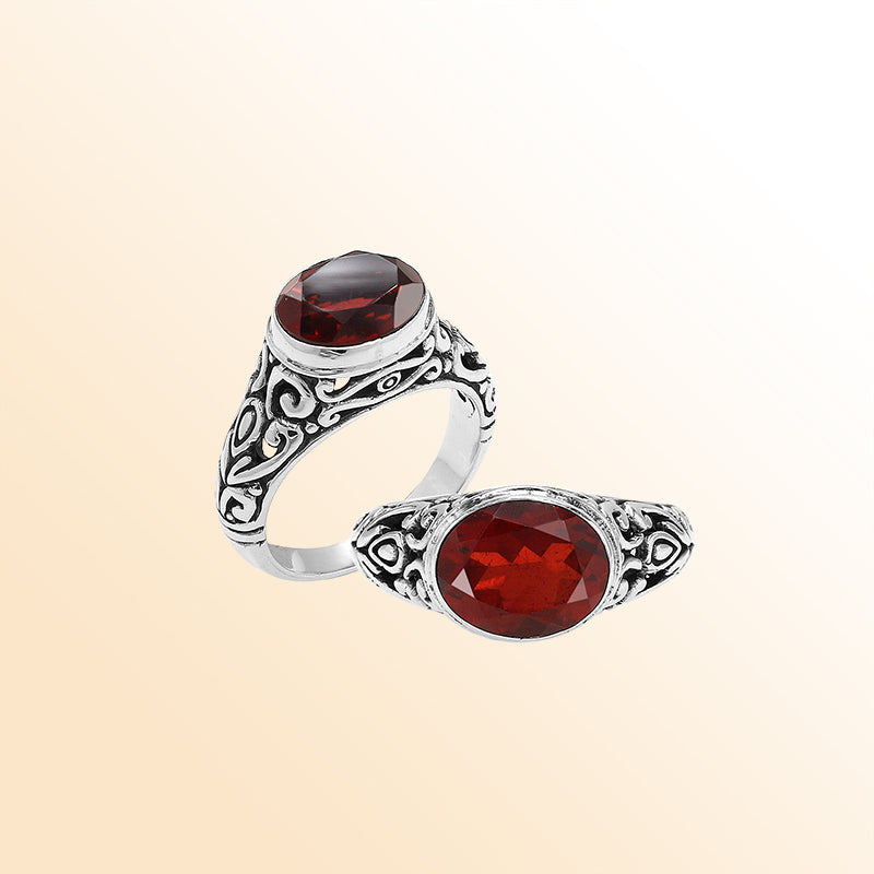 Sterling Silver beautiful ring with Garnet Quartz handcrafted in Bali, Indonesia with ornate silver detailing