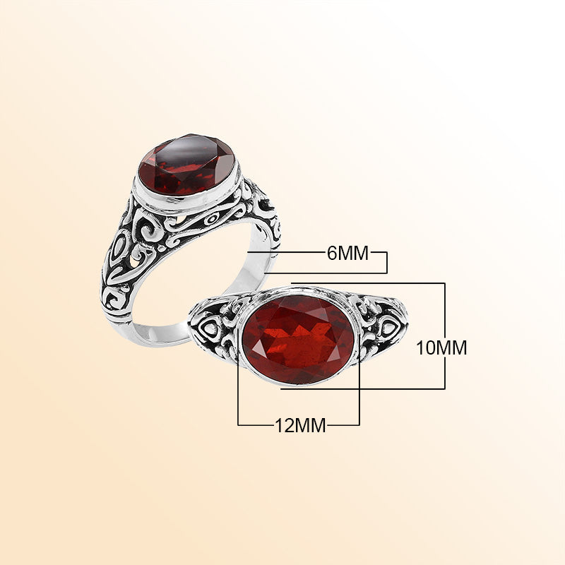 Sterling Silver beautiful ring with Garnet Quartz handcrafted in Bali, Indonesia with ornate silver detailing