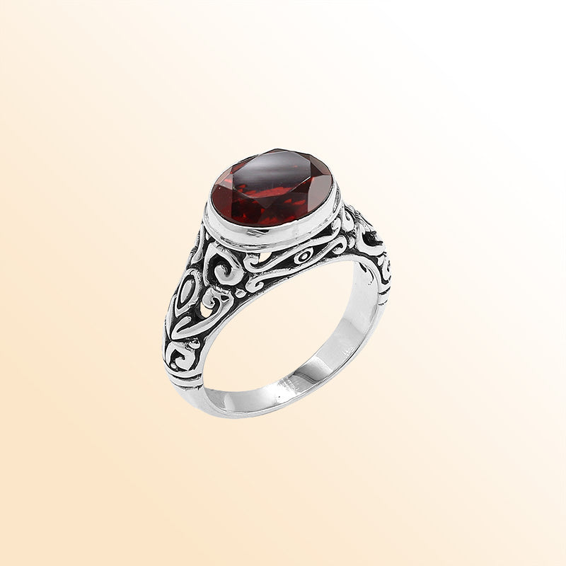 Sterling Silver beautiful ring with Garnet Quartz handcrafted in Bali, Indonesia with ornate silver detailing