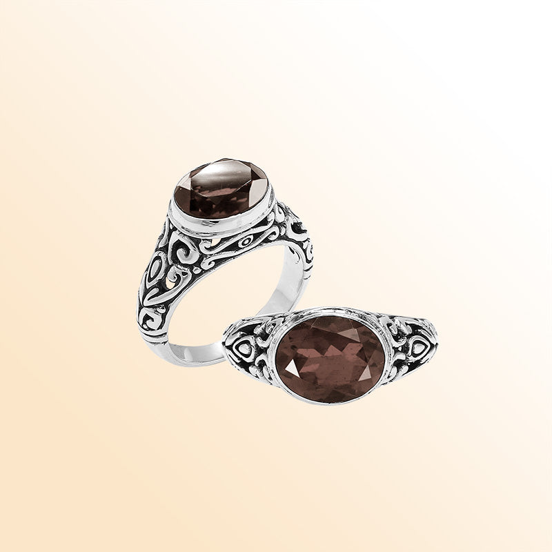 Sterling Silver beautiful ring with Smoky Quartz handcrafted in Bali, Indonesia with ornate Balinese design