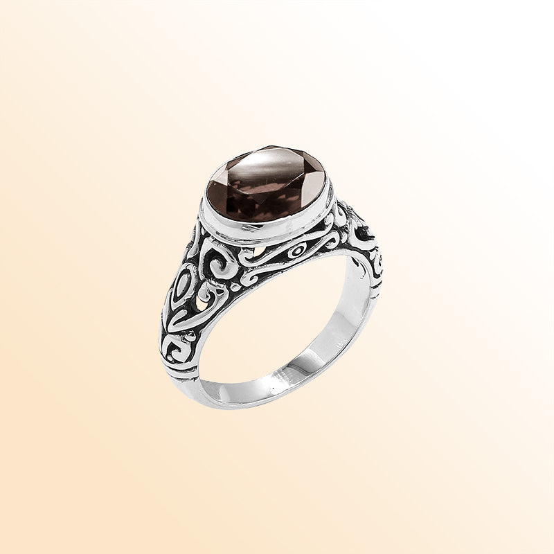 Sterling Silver beautiful ring with Smoky Quartz handcrafted in Bali, Indonesia with ornate Balinese design