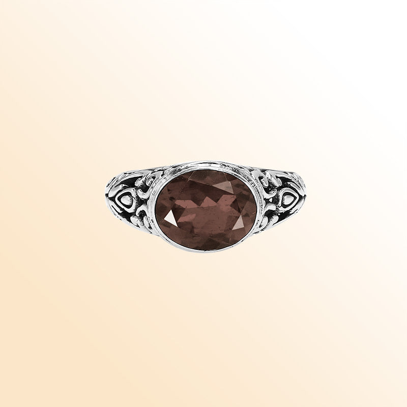 Sterling Silver beautiful ring with Smoky Quartz handcrafted in Bali, Indonesia with ornate Balinese design