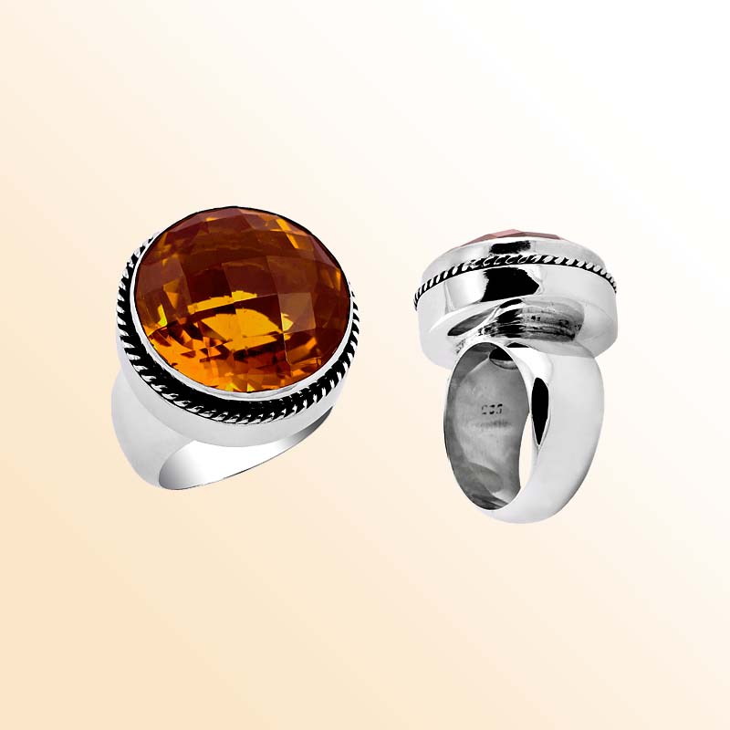 Sterling Silver beautiful ring with Citrine Quartz handcrafted in Bali, Indonesia with twisted silver border and polished finish