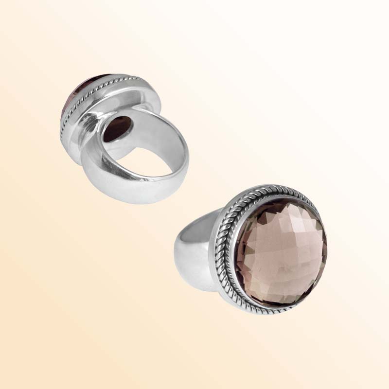 Sterling Silver beautiful ring with Smoky Quartz handcrafted in Bali, Indonesia with twisted silver border and polished finish