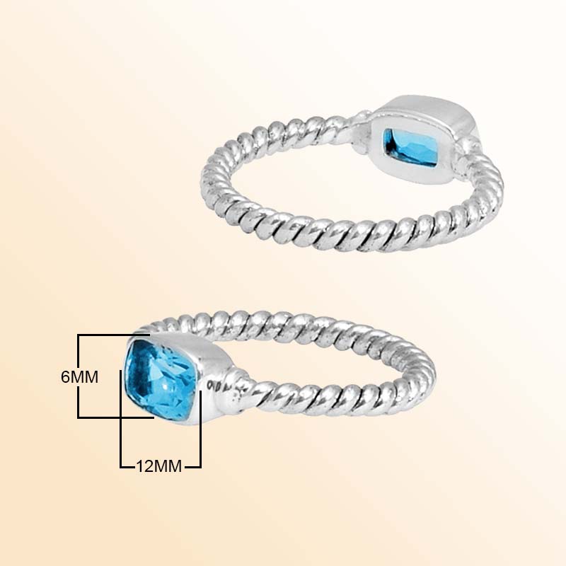 Sterling Silver Blue Topaz Quartz Cushion Rope Ring – Handcrafted In Bali With Twisted Silver Band