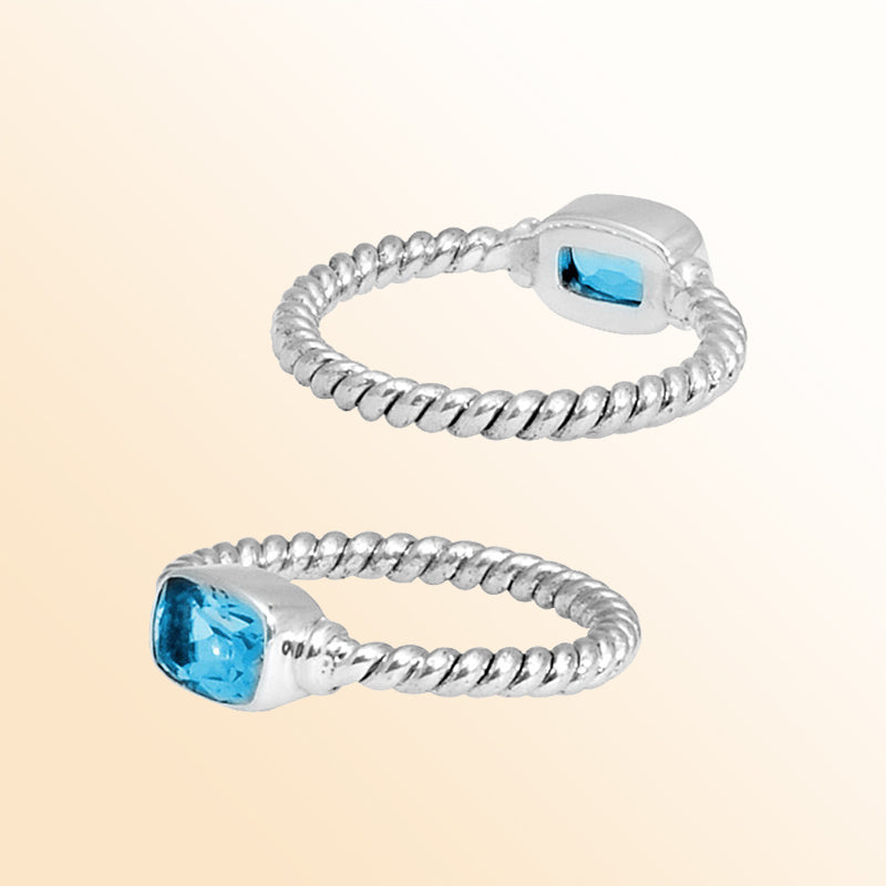 Sterling Silver Blue Topaz Quartz Cushion Rope Ring – Handcrafted In Bali With Twisted Silver Band