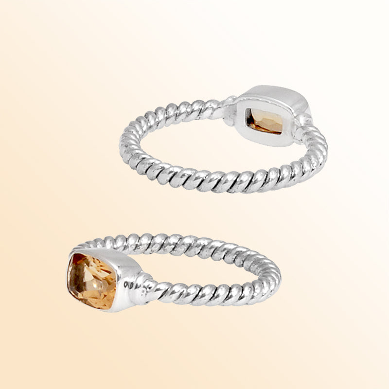 Sterling Silver Citrine Quartz Cushion Rope Ring – Handcrafted In Bali With Twisted Silver Band