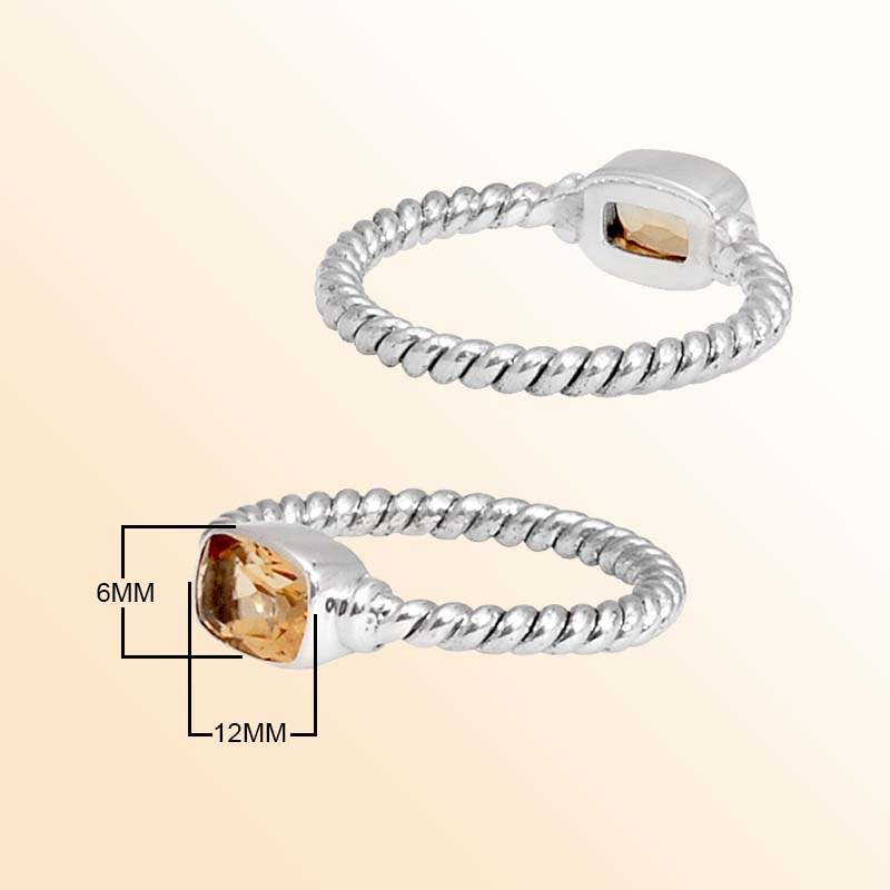 Sterling Silver Citrine Quartz Cushion Rope Ring – Handcrafted In Bali With Twisted Silver Band