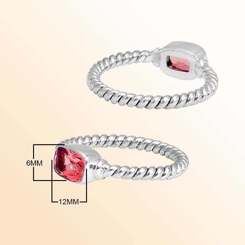Sterling Silver Garnet Quartz Cushion Rope Ring – Handcrafted In Bali With Twisted Silver Band