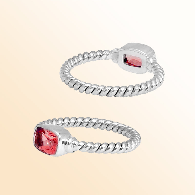 Sterling Silver Garnet Quartz Cushion Rope Ring – Handcrafted In Bali With Twisted Silver Band