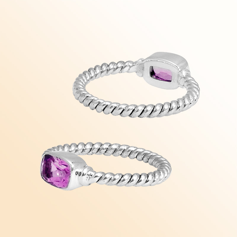 Sterling Silver Pink Quartz Cushion Rope Ring – Handcrafted In Bali With Twisted Silver Band