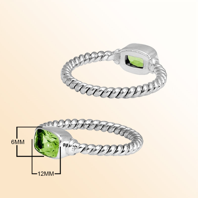 Sterling Silver Peridot Quartz Cushion Rope Ring – Handcrafted In Bali With Twisted Silver Band