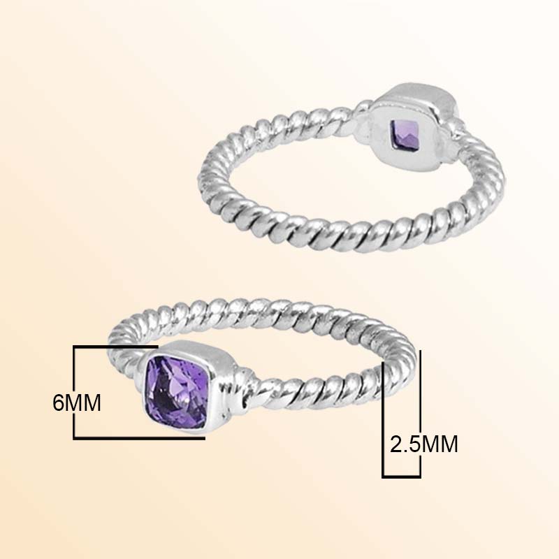 Sterling Silver Amethyst Quartz Cushion Rope Ring – Handcrafted In Bali With Twisted Silver Band