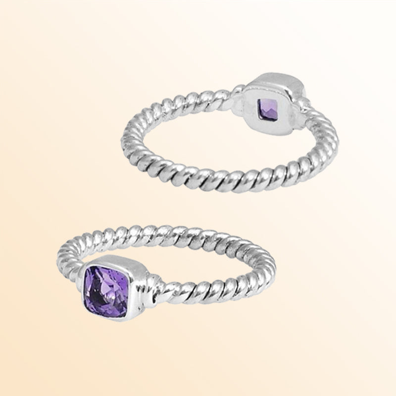 Sterling Silver Amethyst Quartz Cushion Rope Ring – Handcrafted In Bali With Twisted Silver Band