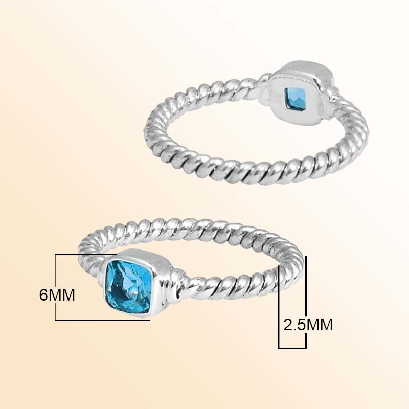 Sterling Silver Blue Topaz Quartz Cushion Rope Ring – Handcrafted In Bali With Twisted Silver Band