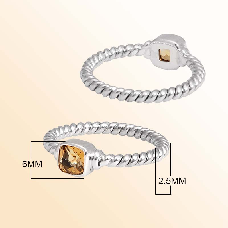 Sterling Silver Citrine Quartz Cushion Rope Ring – Handcrafted In Bali With Twisted Silver Band