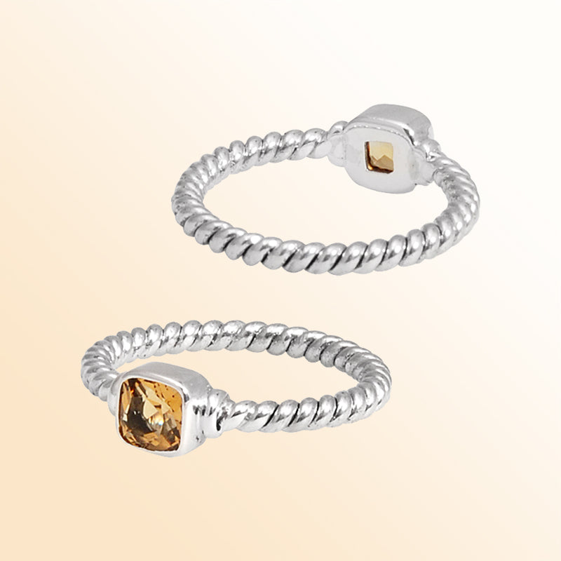 Sterling Silver Citrine Quartz Cushion Rope Ring – Handcrafted In Bali With Twisted Silver Band