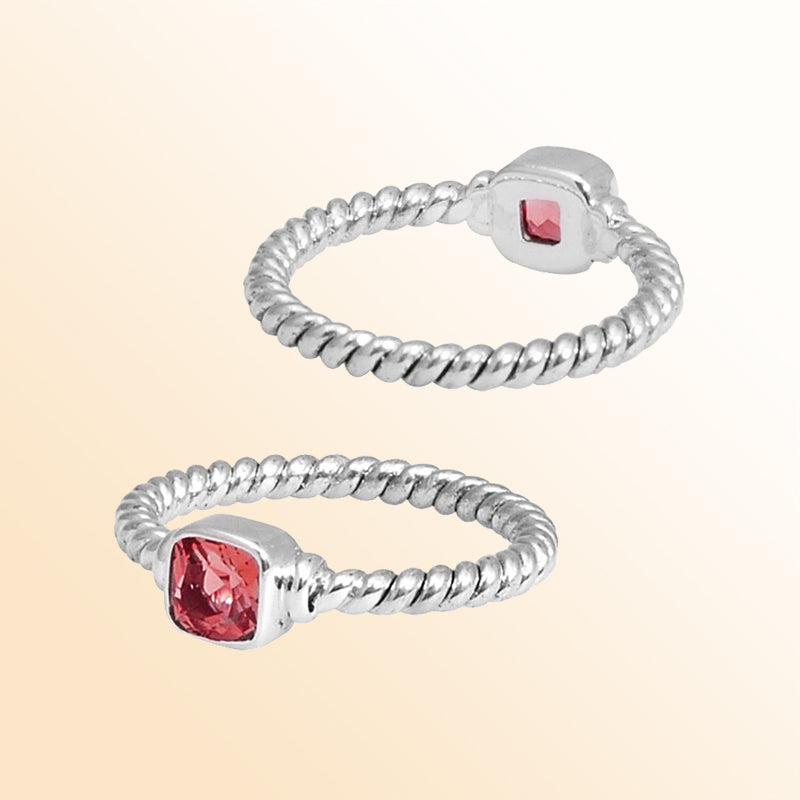 Sterling Silver Garnet Quartz Cushion Rope Ring – Handcrafted In Bali With Twisted Silver Band