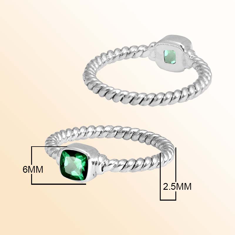 Sterling Silver Green Quartz Cushion Rope Ring – Handcrafted In Bali With Twisted Silver Band