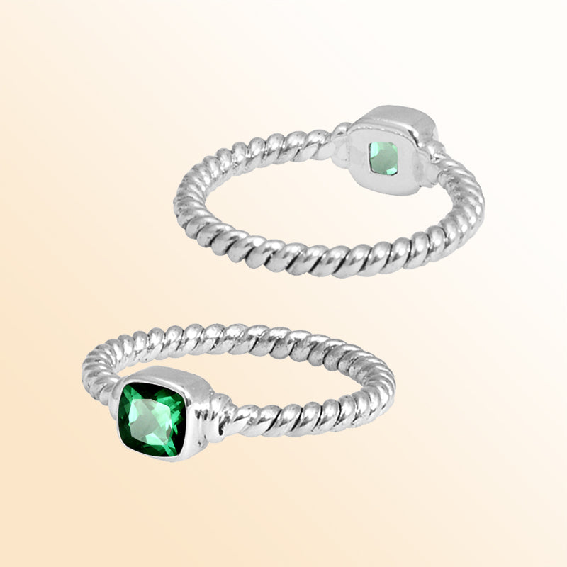 Sterling Silver Green Quartz Cushion Rope Ring – Handcrafted In Bali With Twisted Silver Band