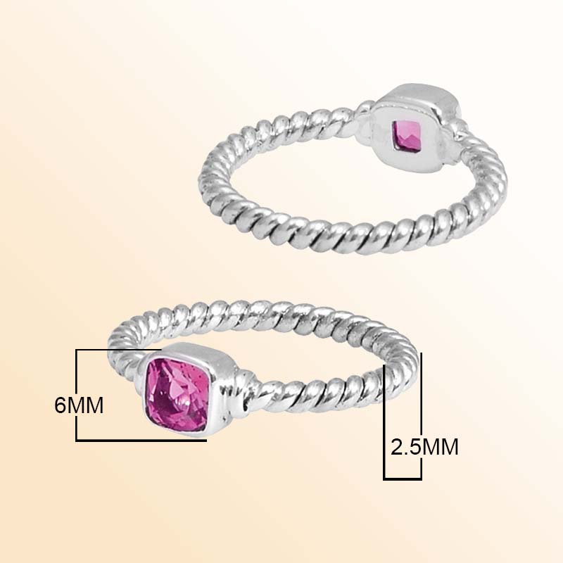 Sterling Silver Pink Quartz Cushion Rope Ring – Handcrafted In Bali With Twisted Silver Band