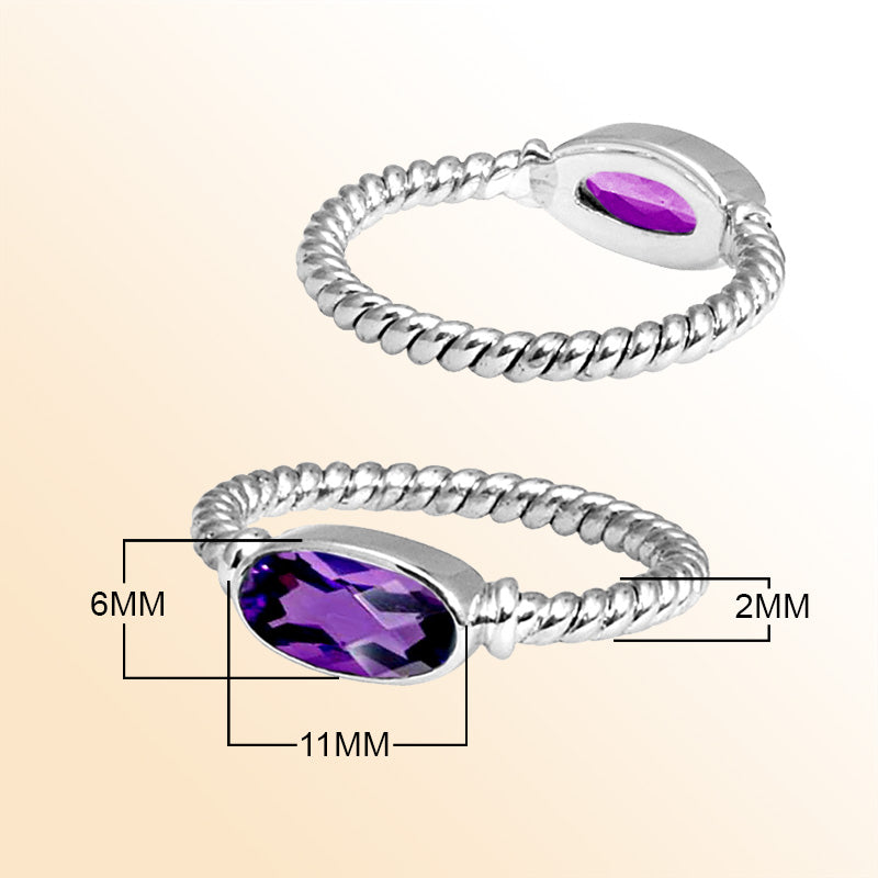 Sterling Silver Amethyst Quartz Marquise Rope Ring – Handcrafted In Bali With Twisted Silver Band