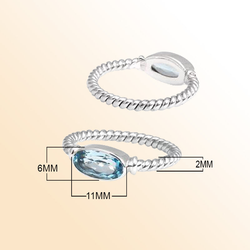 Sterling Silver Blue Topaz Quartz Marquise Rope Ring – Handcrafted In Bali With Twisted Silver Band