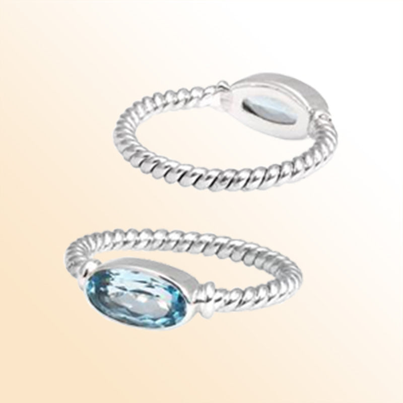 Sterling Silver Blue Topaz Quartz Marquise Rope Ring – Handcrafted In Bali With Twisted Silver Band