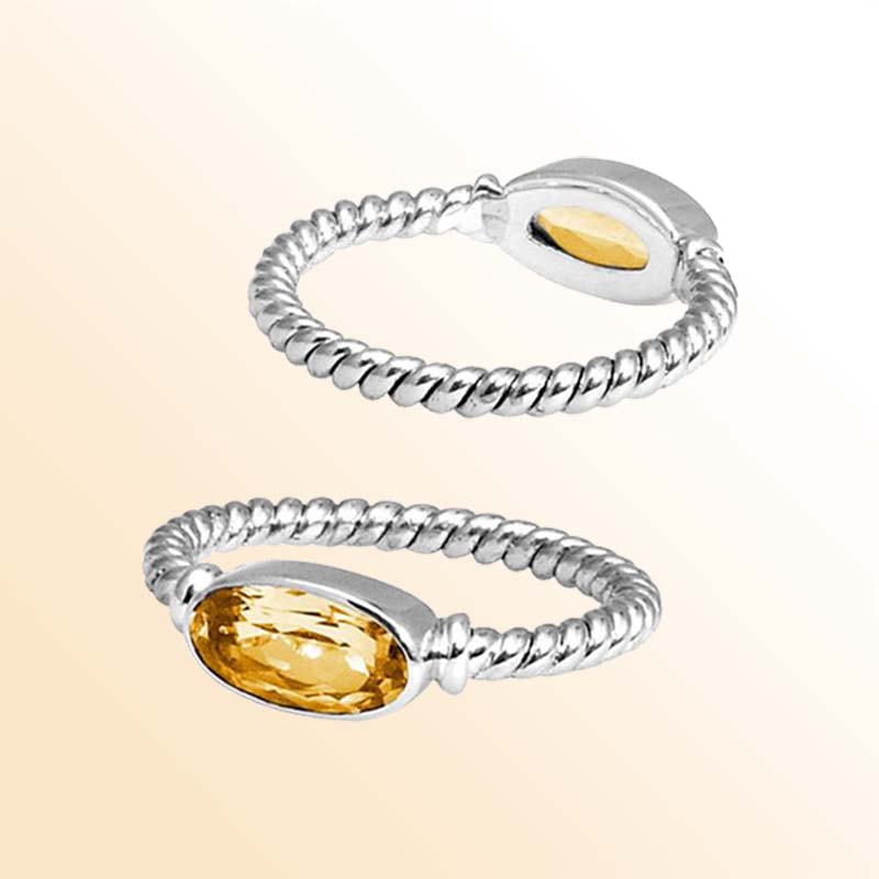 Sterling Silver Citrine Quartz Marquise Rope Ring – Handcrafted In Bali With Twisted Silver Band