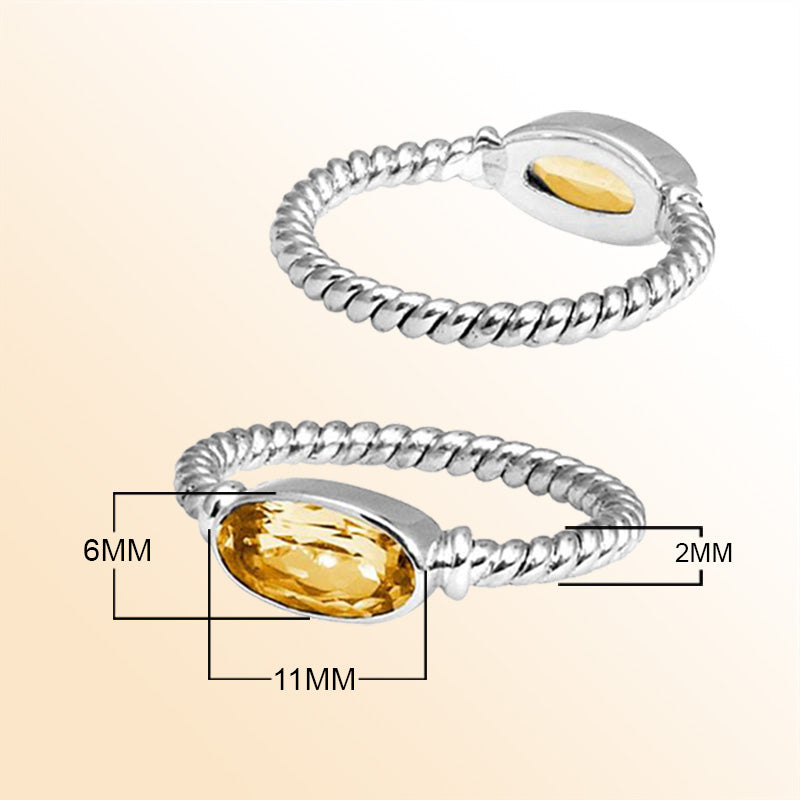 Sterling Silver Citrine Quartz Marquise Rope Ring – Handcrafted In Bali With Twisted Silver Band