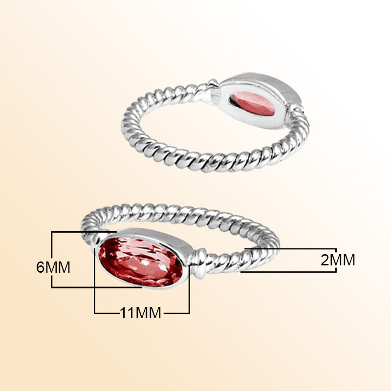 Sterling Silver Garnet Quartz Marquise Rope Ring – Handcrafted In Bali With Twisted Silver Band