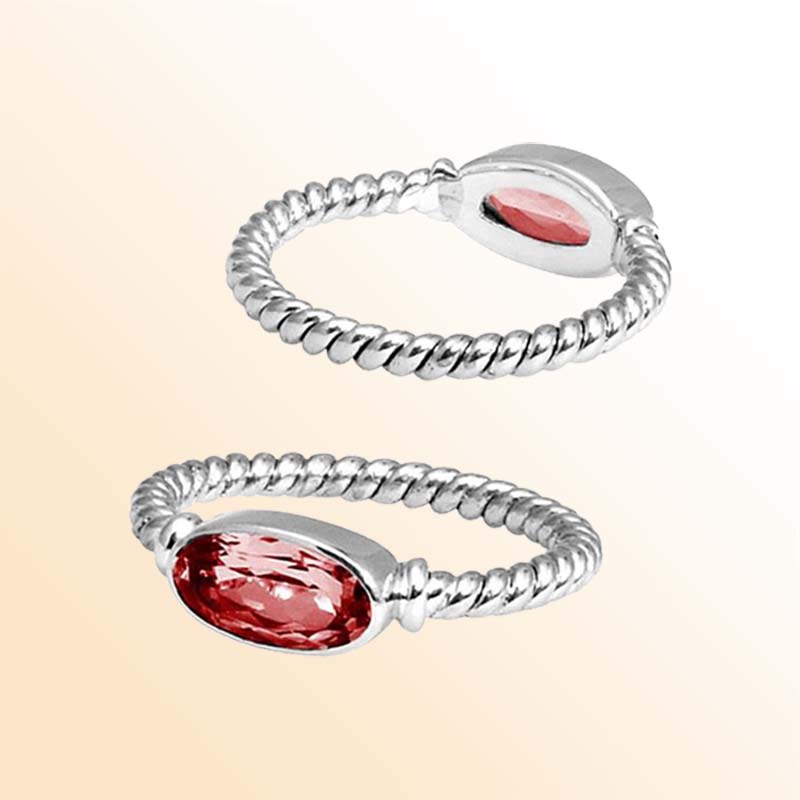 Sterling Silver Garnet Quartz Marquise Rope Ring – Handcrafted In Bali With Twisted Silver Band