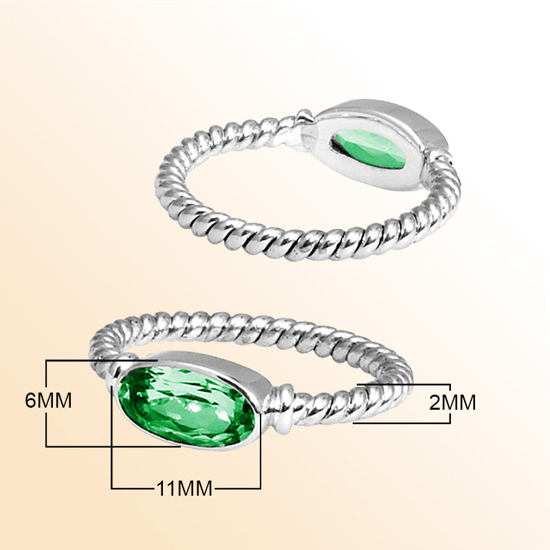 Sterling Silver Green Quartz Marquise Rope Ring – Handcrafted In Bali With Twisted Silver Band