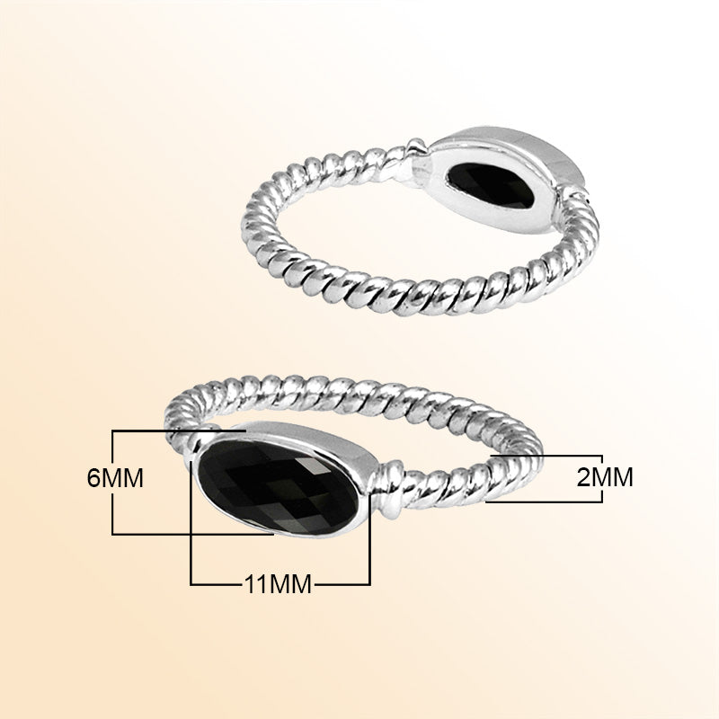 Sterling Silver Black Onyx Marquise Rope Ring – Handcrafted In Bali With Twisted Silver Band