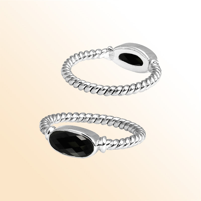 Sterling Silver Black Onyx Marquise Rope Ring – Handcrafted In Bali With Twisted Silver Band