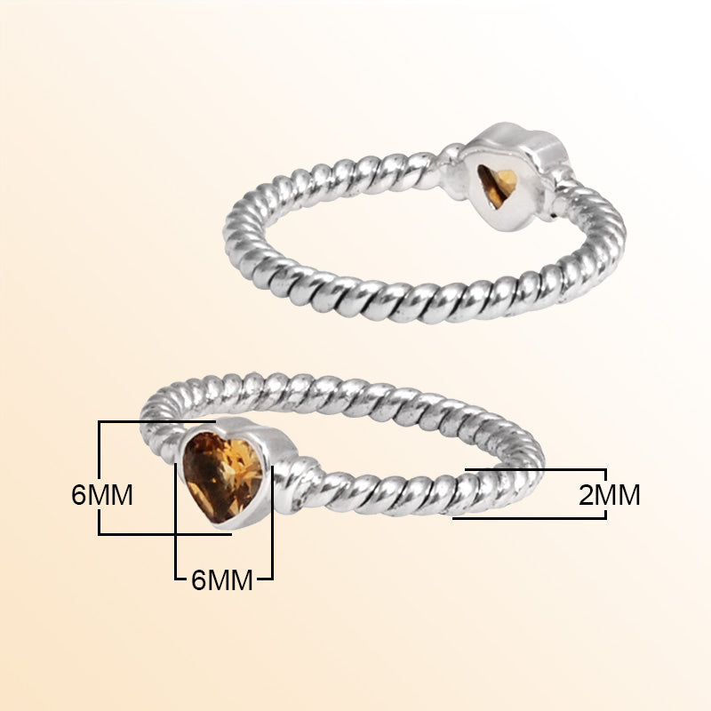 Sterling Silver Citrine Quartz Heart Rope Ring – Handcrafted In Bali With Twisted Silver Band