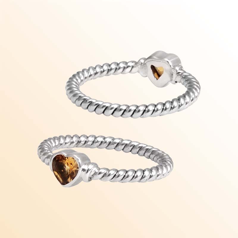 Sterling Silver Citrine Quartz Heart Rope Ring – Handcrafted In Bali With Twisted Silver Band
