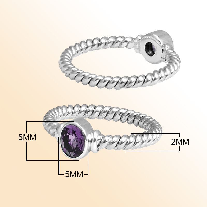 Sterling Silver Amethyst Quartz Round Rope Ring – Handcrafted In Bali With Twisted Silver Band