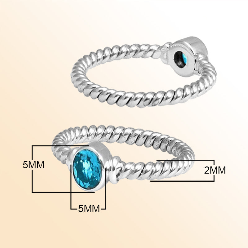 Sterling Silver Blue Topaz Quartz Round Rope Ring – Handcrafted In Bali With Twisted Silver Band