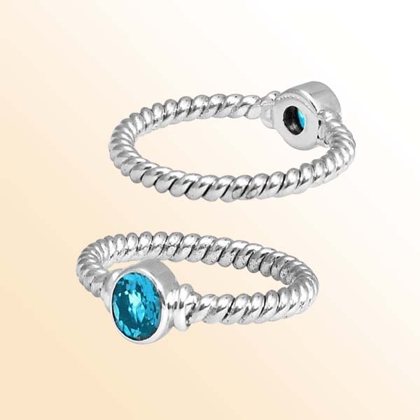 Sterling Silver Blue Topaz Quartz Round Rope Ring – Handcrafted In Bali With Twisted Silver Band
