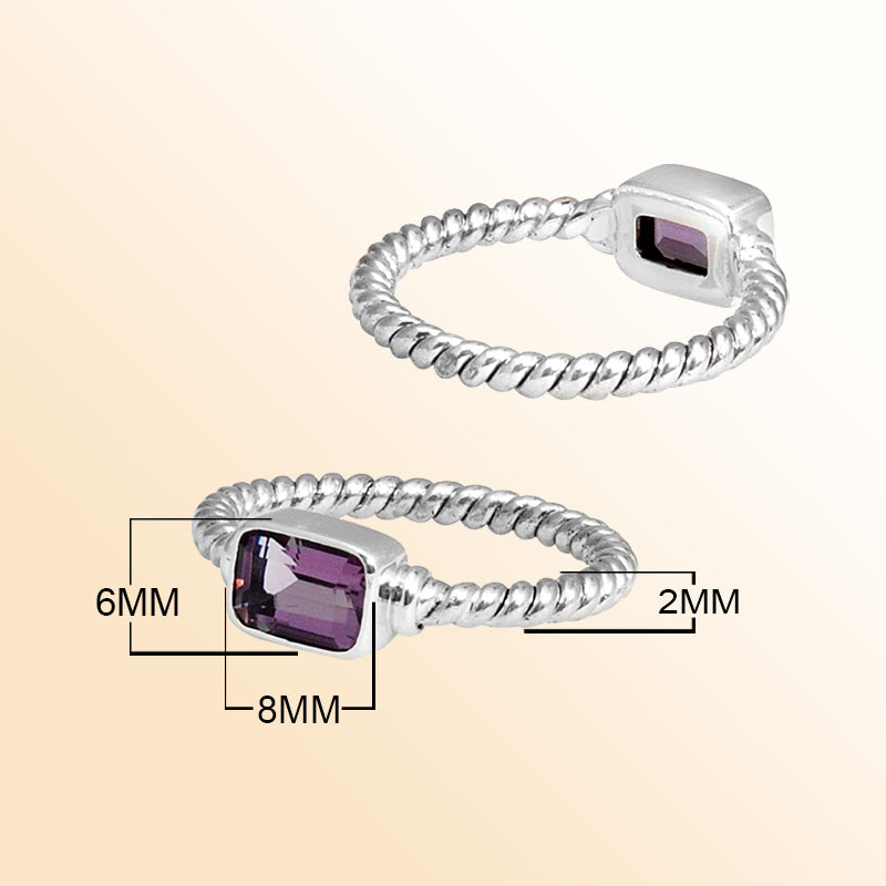 Sterling silver royal rope ring with rectangular Amethyst Quartz, handcrafted in Bali.