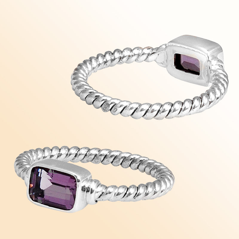 Sterling silver royal rope ring with rectangular Amethyst Quartz, handcrafted in Bali.